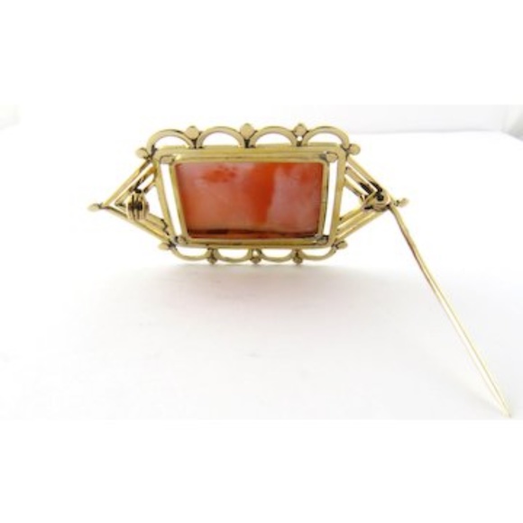 Vintage Pink and White Chariot Cameo with 14K Yellow Handmade Frame Brooch #324